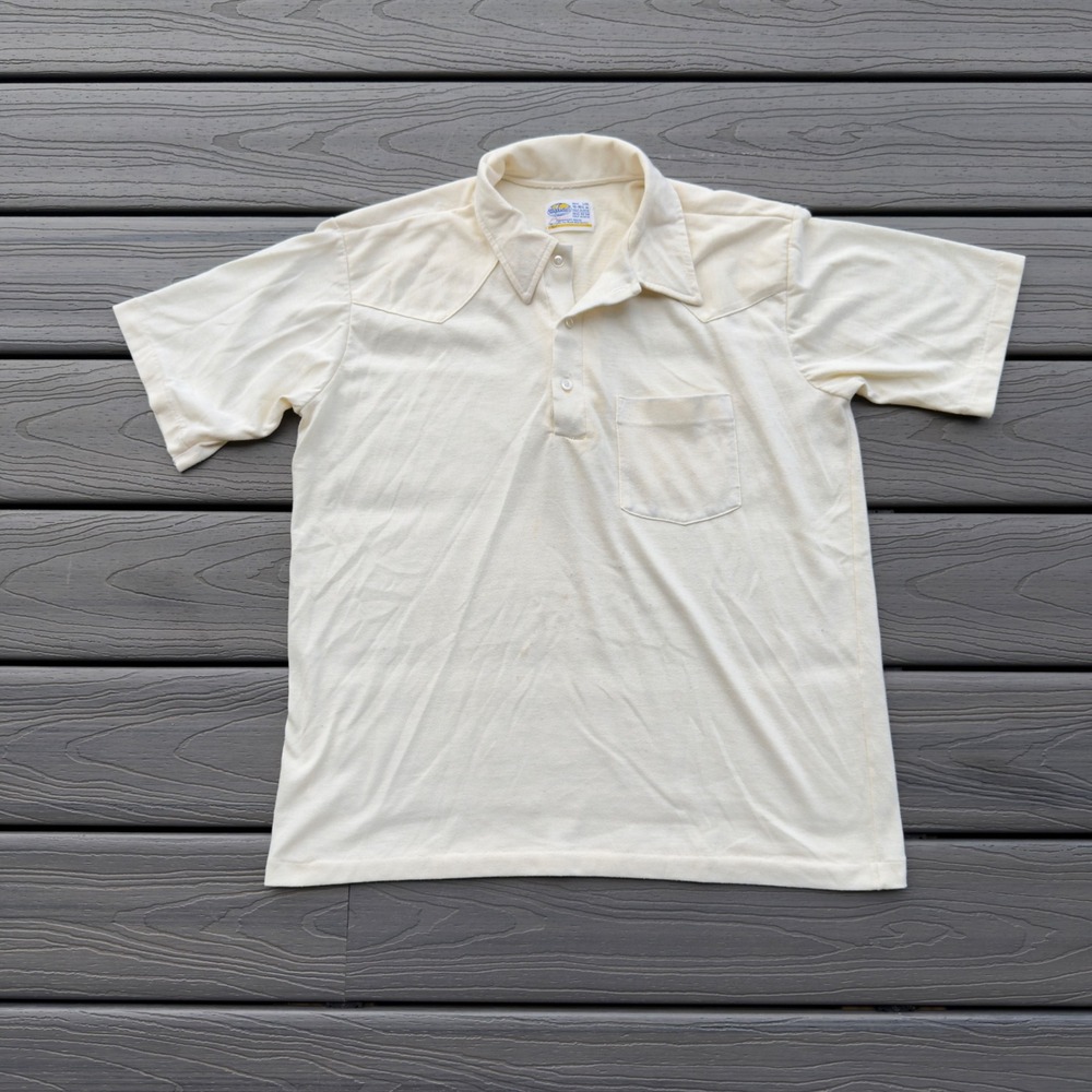 Vintage 80s Riverside Western Polo Shirt Cream Single Stitch Made in USA Large